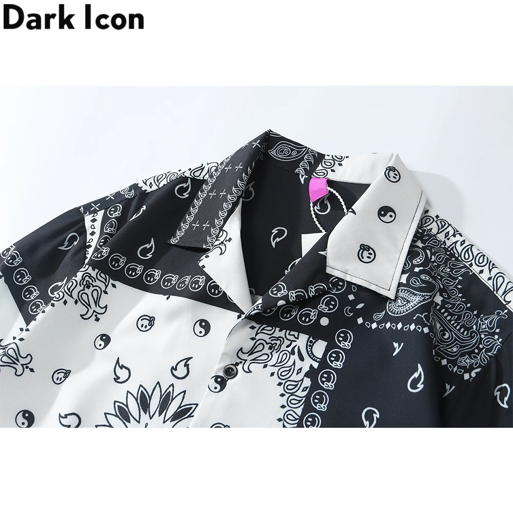 Dark Icon Black White Color Contrast Bandana Shirt Men Street Fashion Polo Shirt Hawaiian Shirts Man