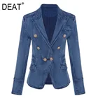 Женская джинсовая куртка DEAT, короткая двубортная куртка с высокой талией и металлическими пуговицами, синего цвета, на осень и зиму, WJ02305L
