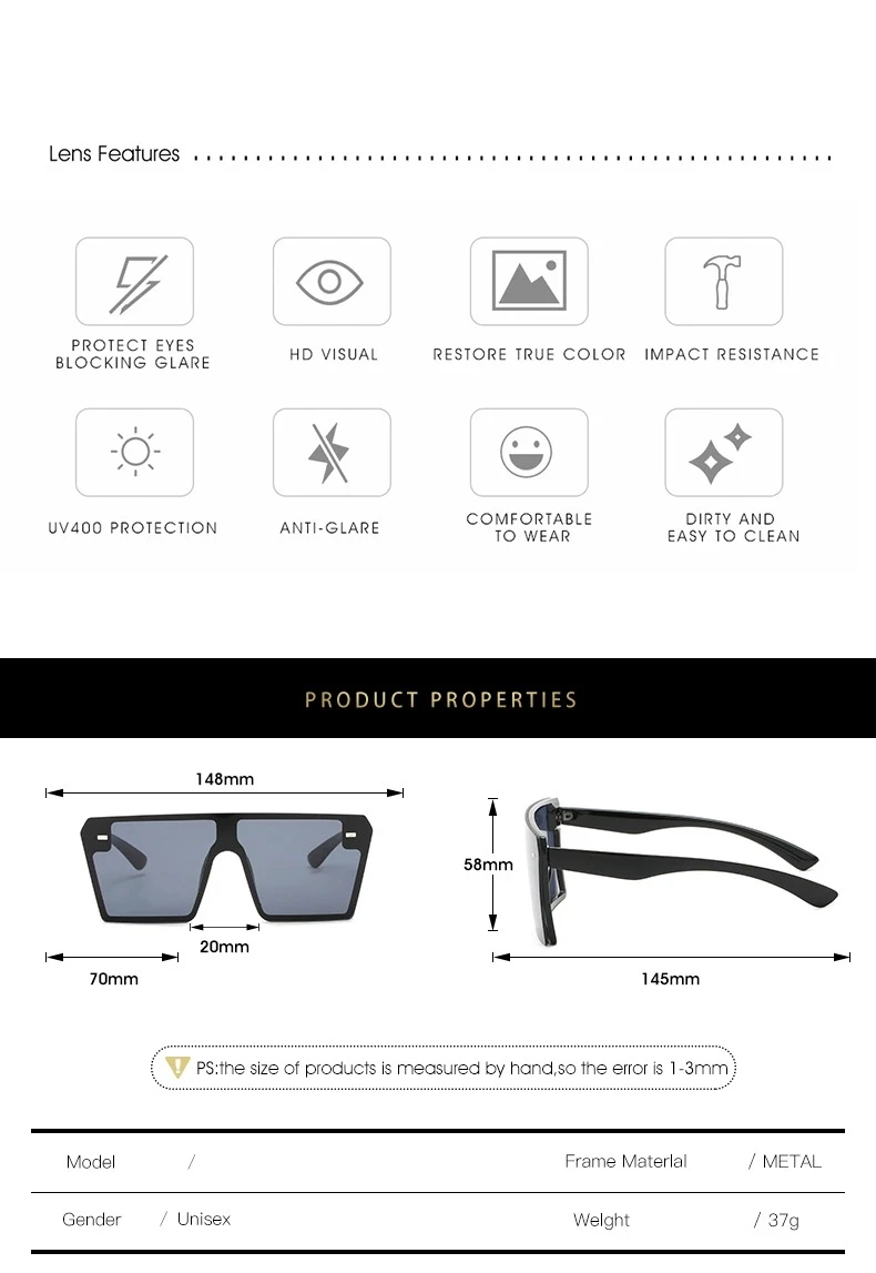 

2020 Ins Celebrity Models One Piece Lens Designer Frame Oversized Square Women Sunglasses