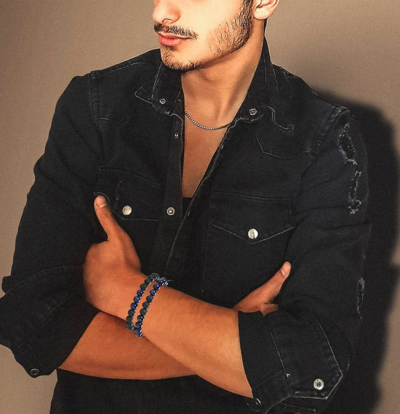 Браслет из черной лавы для женщин и мужчин Ювелирное Украшение с синим тигровым