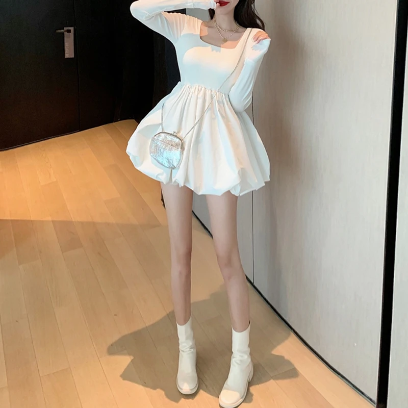 RealShe женское мини-платье с длинным рукавом и квадратным воротником однотонное