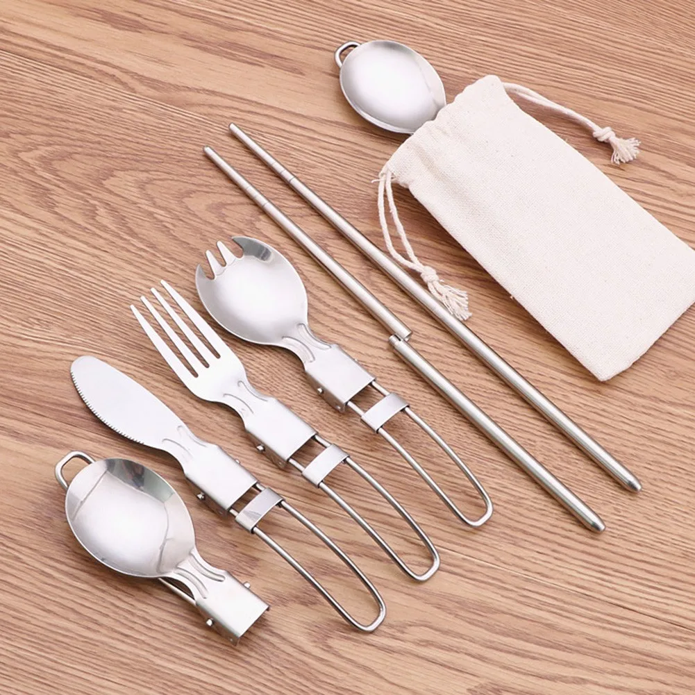 

Stainless Steel Foldable Camping Spoon Fork Chopsticks Flatware Utensil Set + Bag For Camping Trips Picnic BBQ Tableware