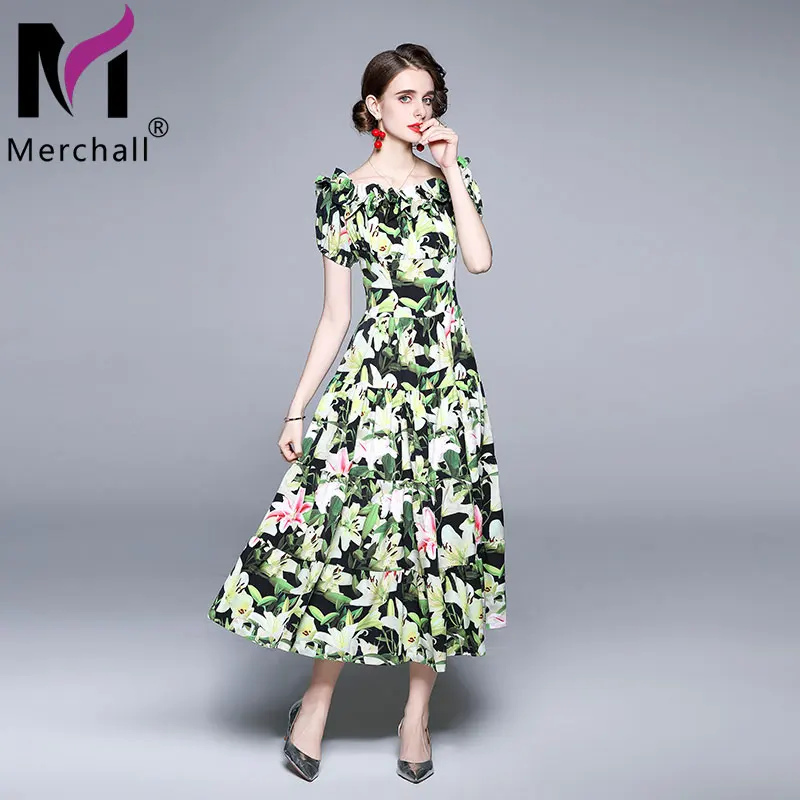 

Женское платье с цветочным принтом Merchall, винтажное платье-миди с вырезом-лодочкой, с открытыми плечами, свободного покроя, M61119, лето 2021