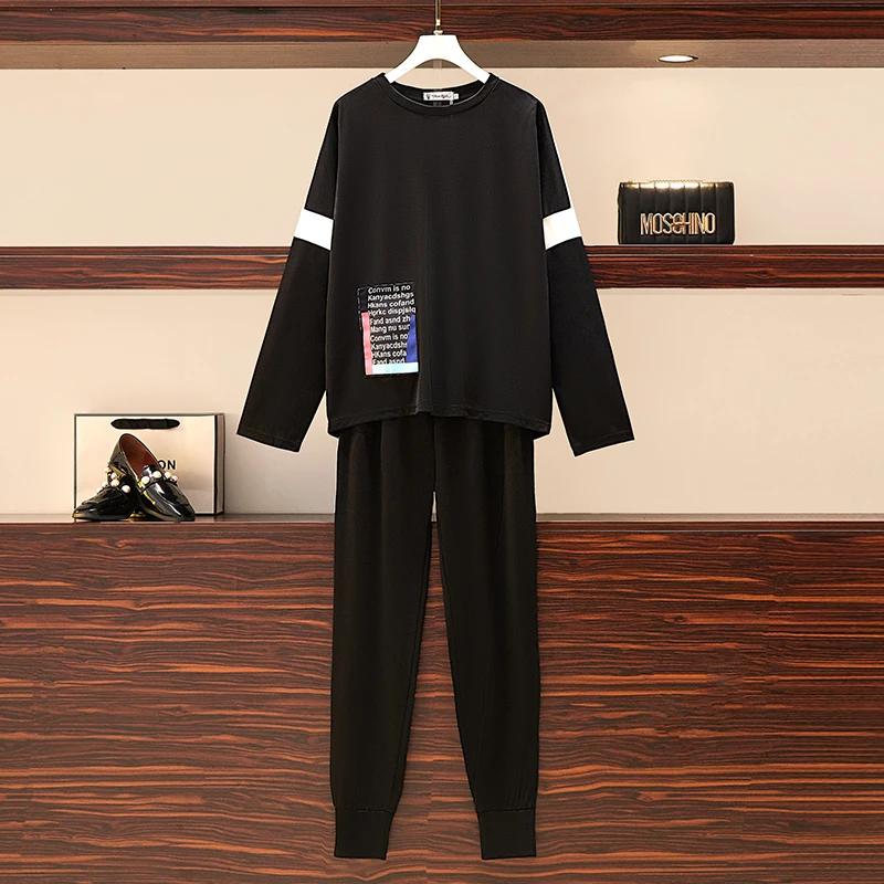 

Повседневный Спортивный костюм, Весенняя уличная одежда, Свободный Топ в стиле пэчворк и широкие брюки с высокой талией, костюм-двойка, Женс...