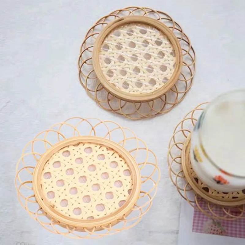 

6 Pack Bamboo Boho Rattan Coasters,Woven Wicker Retro Rustic Coffee Drinks Placemats for Home Table Decor