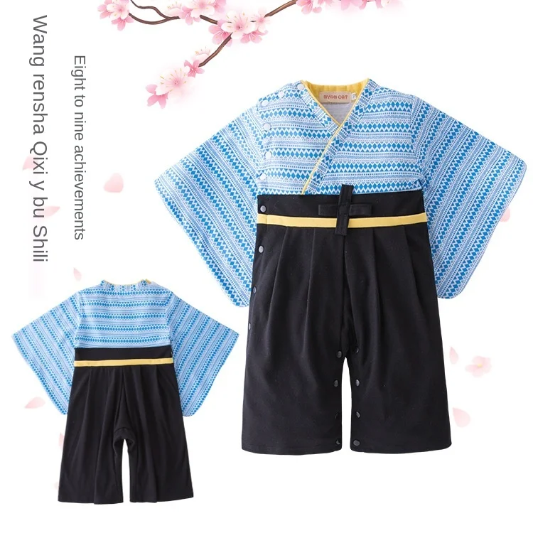 

2021 Boys Summer Long-Sleeved Cotton Baby One-Piece Clothes Blue Bow Romper Children Japanese Style Romper Printed Kimono LB790