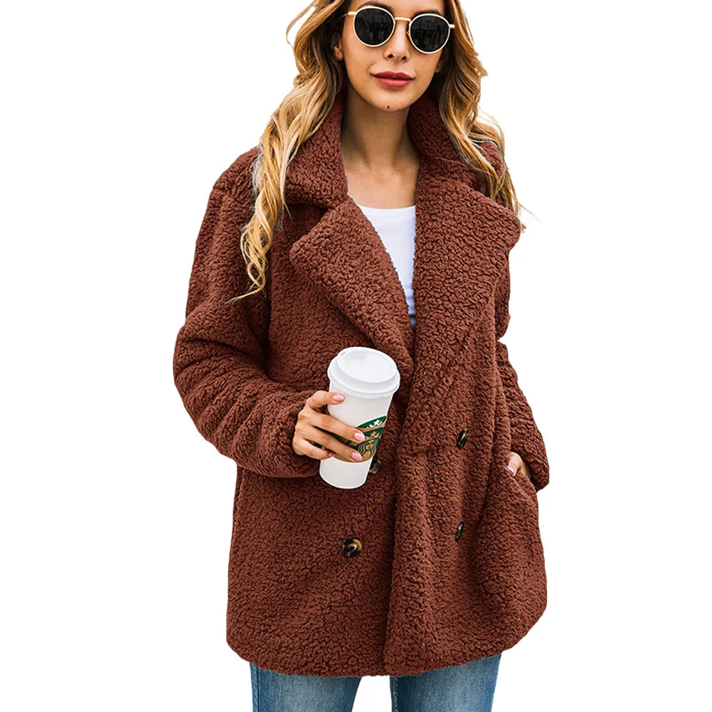 

Mandylandy Winter Long Sleeve Solid Color Thick Plush Jacket Women's Casual Double Breasted Turn-down Collar Warm Parkas