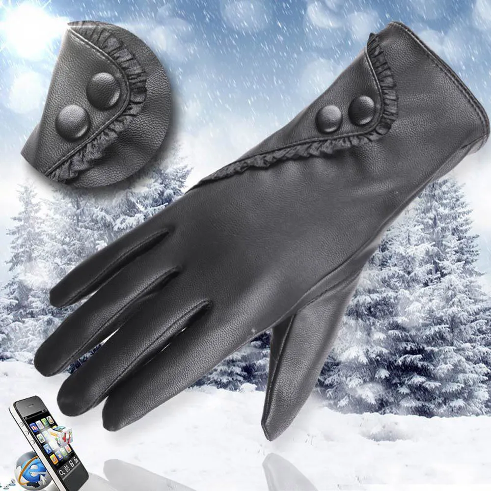 

Fashion Women Lady Soft Leather Gloves Winter Warm Mitten Xmas Gift Black Windproof Outdoor Sport Ski Gloves For Bike Bicycle