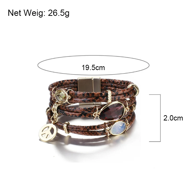 

Amorcome Antiwar Charm Snake Skin Genuine Leather Bracelets for Women Crystal Wide Multilayer Wrap Bracelet Female Jewelry