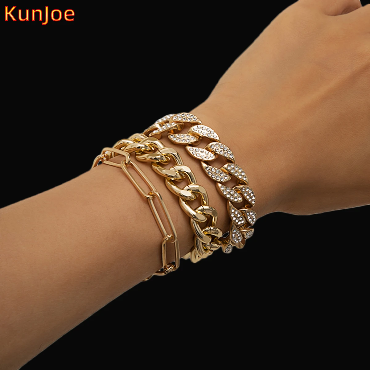 

KunJoe Punk Heavy Metal Big Thick Chain Bracelet Set Women Retro Geometric Bracelet Crystal Cuban Chain Bangles Fashion Jewelry