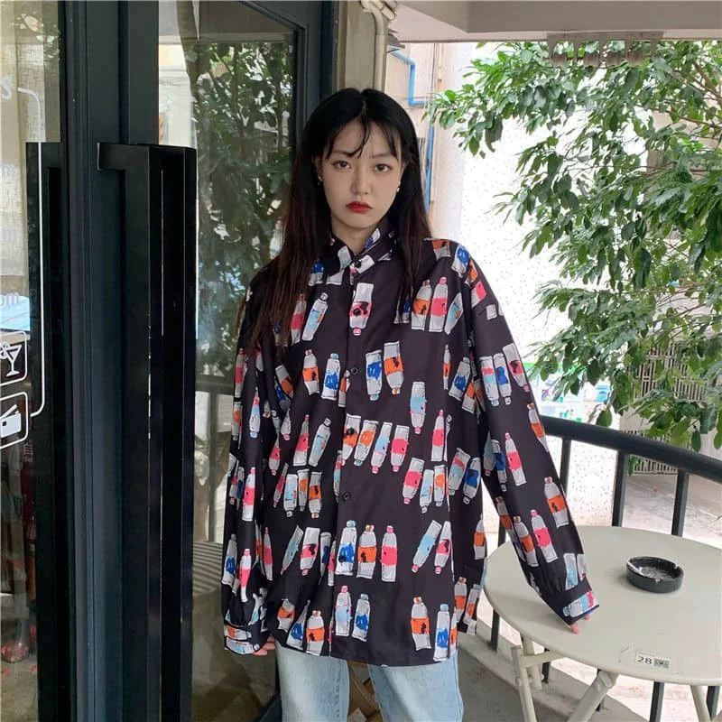 

Shirt Men And Women Cartoon Print Retro Hong Kong Style Design Shirt Loose Slim Top Goth Plus Size Korean Fashion Clothing