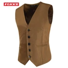 Мужской деловой жилет FGKKS, однотонный однобортный жилет без рукавов, повседневный деловой жилет на четыре сезона