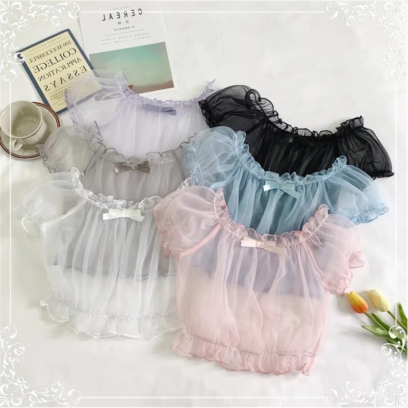 Женская шифоновая рубашка в стиле лолита с кружевными рукавами