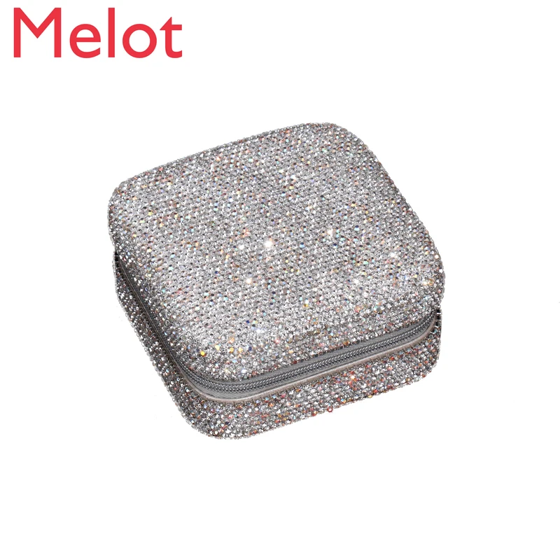 

High-End Rhinestone-Encrusted Mini Small Sized Jewelry Box Fashion Travel Portable Portable Cosmetic Case Storage Box