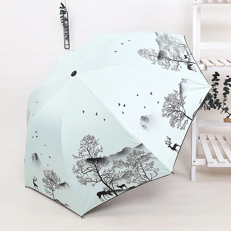 

Ink forest cartoon deer small fresh folding umbrellas vinyl sunscreen elk sun umbrella umbrellasChinese style