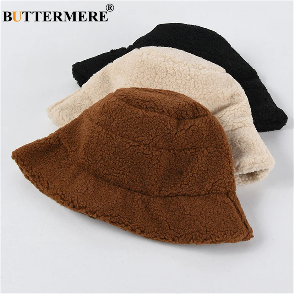 BUTTERMERE Lamb Wool Bucket Hat Womens Japanese Harajuku Women Hat Autumn Winter Warm Vintage Wide Beige Brim Fisherman Cap
