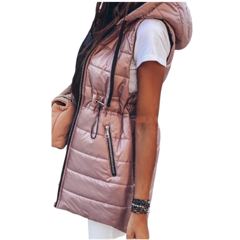 

Women Cotton Vest Jacket Thick Coats Oversized Winter Warm Casual Loose Sleeveless Waist Drawstring Hooded Warm Outerwear