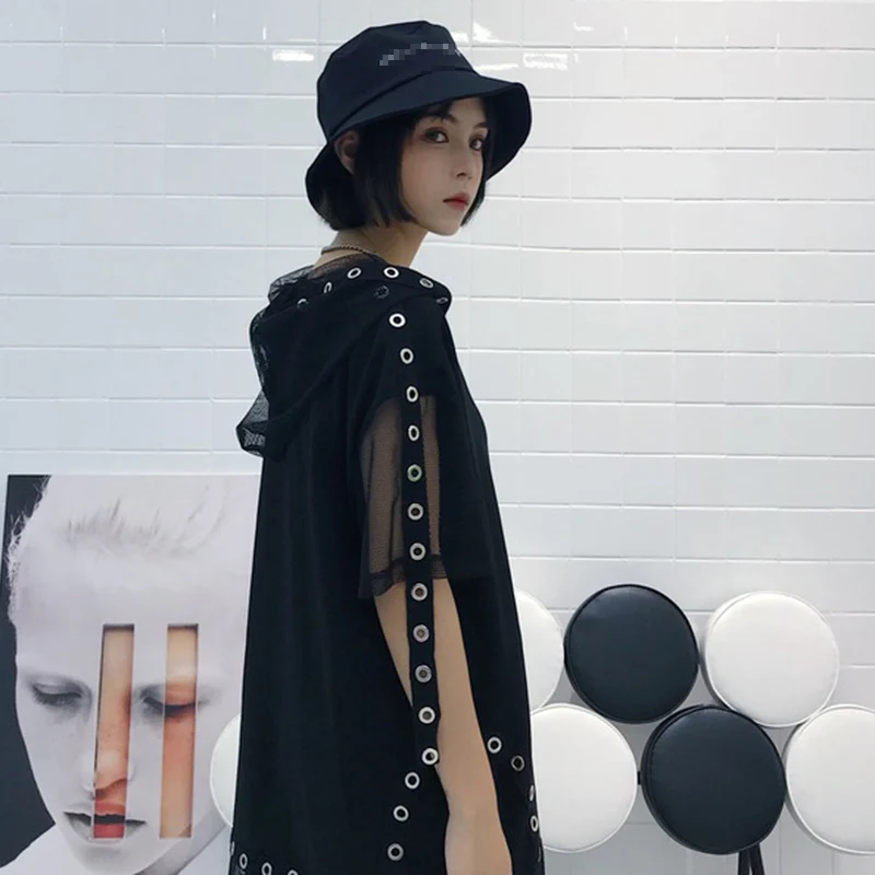 GALCAUR Ribbons Patchwork T-shirts For Women Hooded Short Sleeve Mesh Women's Tops Ocersized 2020 Streetwear Style New | Женская