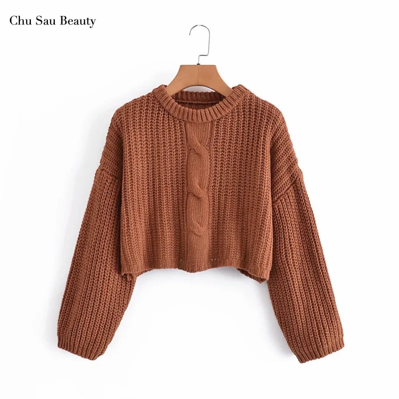 

Chu Sau Beauty 2021 Women's Thick Wool Loose Knit Pullover Sweater Round Neck Solid Color High Waist Short Casual Sweater