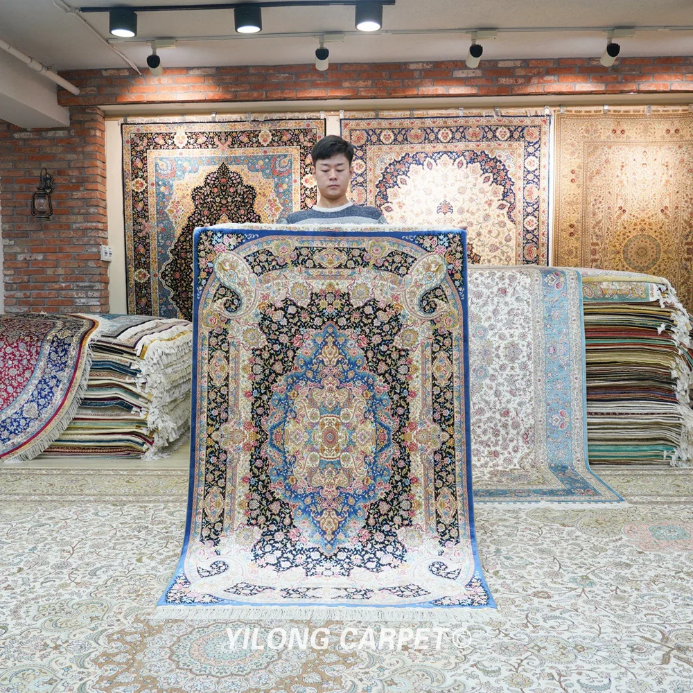 YILONG 4 'x 6' Восточный шелковый ковер черный медальон выгодные шелковые коврики