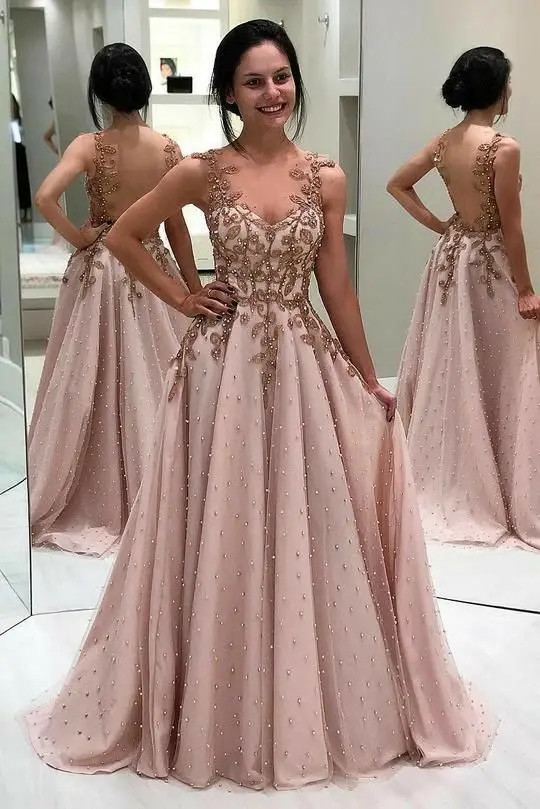

VKBRIDAL женские длинные пыльные розы Выпускные платья макси трапециевидный V-образный вырез сексуальная спина Формальные Вечерние платья для ...