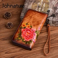 johnature 2021 new chinese style retro women purse genuine leather long zipper wallet card holder handmade embossed clutch bags