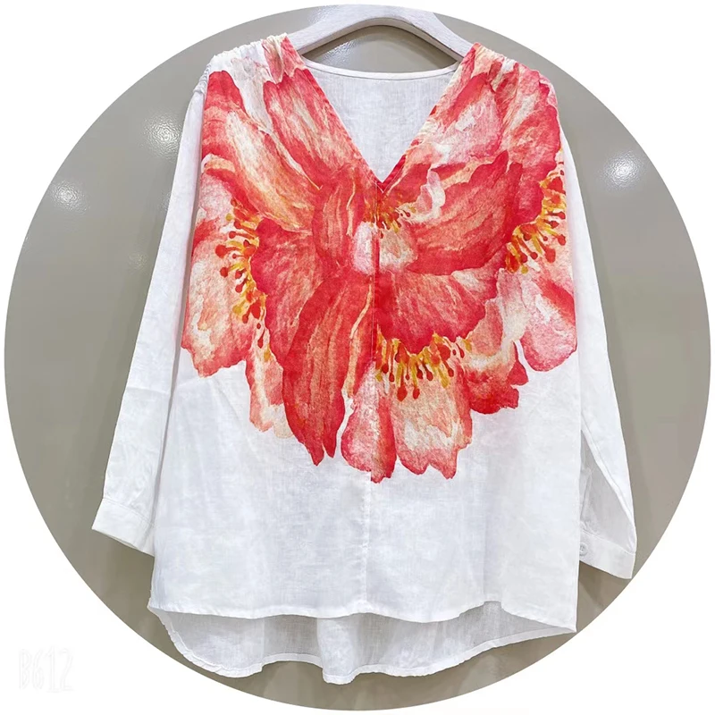 

CHICEVER White Casual Print Shirt For Women V Neck Long Sleeve Loose Hit Color Blouses Female Summer 2021 Clothing Fashion Style