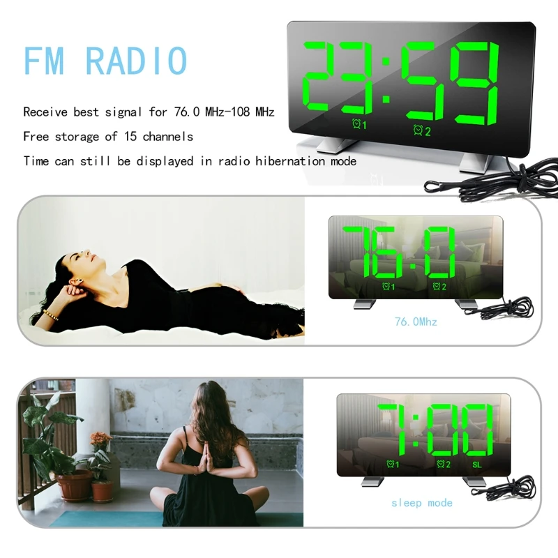 

Snooze Dual Alarm Clock FM Radio Timer LED Display Electronic Clock Projection Digital USB Rechargeable for Room