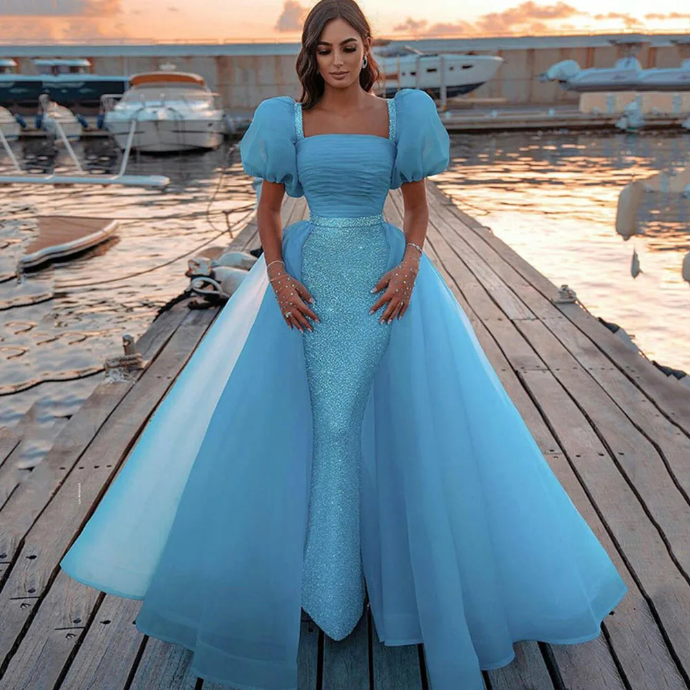 

Sequin Mermaid Evening Dresses Long 2021 Puff Sleeve Backless Square Prom Gowns Eleglant Custom High Quality Vestidos de fiesta