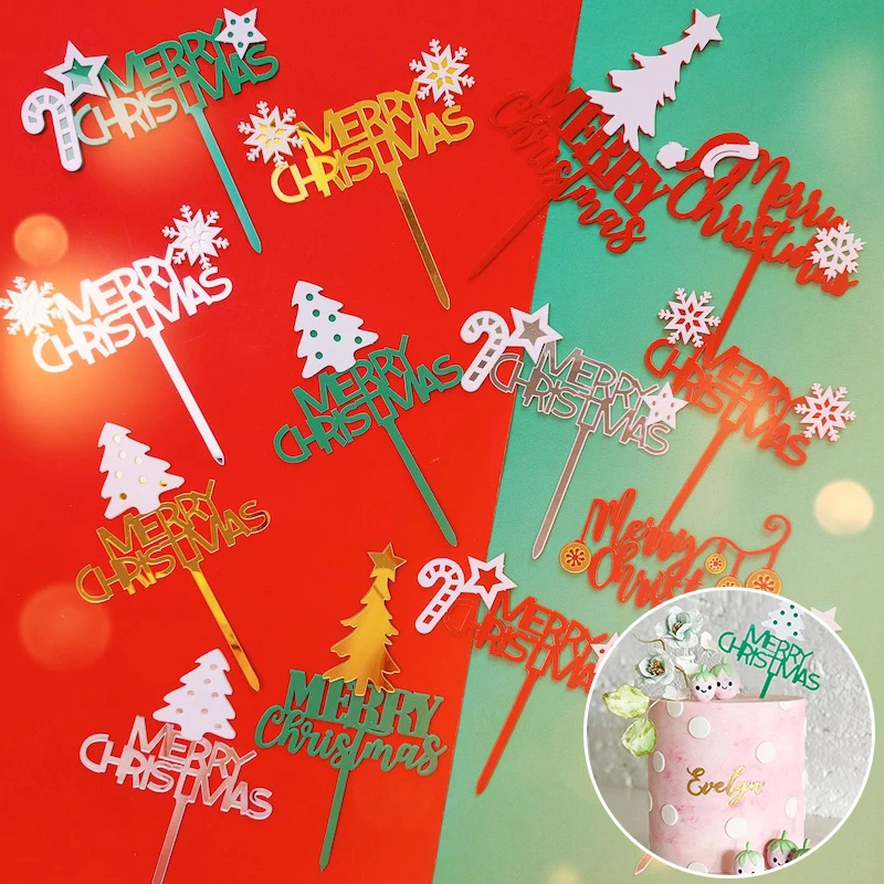 

Christmas Acrylic Flags Cake Topper Collection Gold Xmas Theme Snowflake Glitter Picks Decorations Cake Santa Claus Plug-in