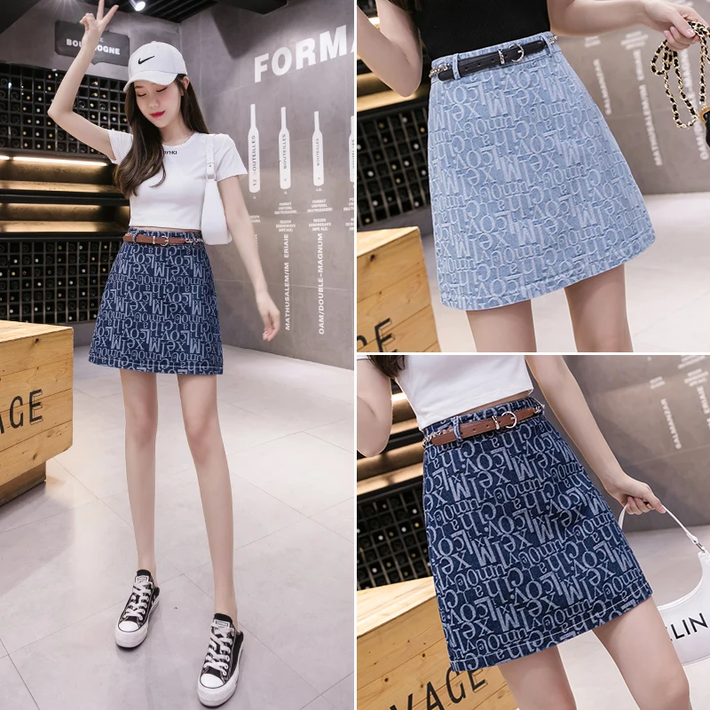 

BETHQUENOY 2021 Women Midi Jupe Dark Blue Skirts Mujer Faldas Letters Skirt Femme Saias Mulher Plisada Woman Spodnica Damska