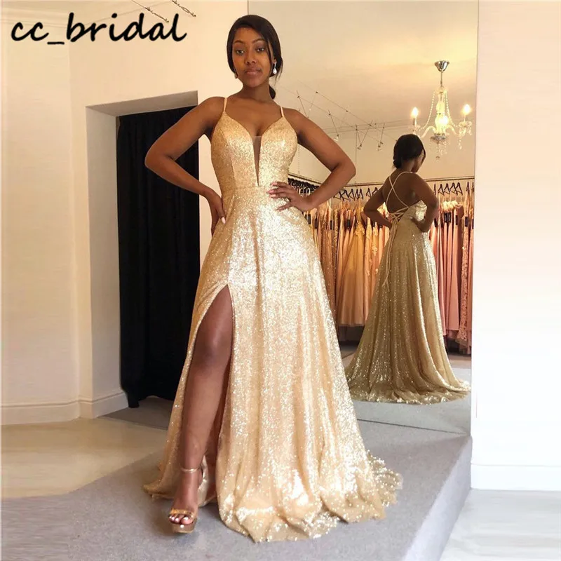 

Gold Sequined Evening Dresses 2021 Sexy Side Split African Prom Party Gowns For Black Girls Robe De Doiree De Mariage