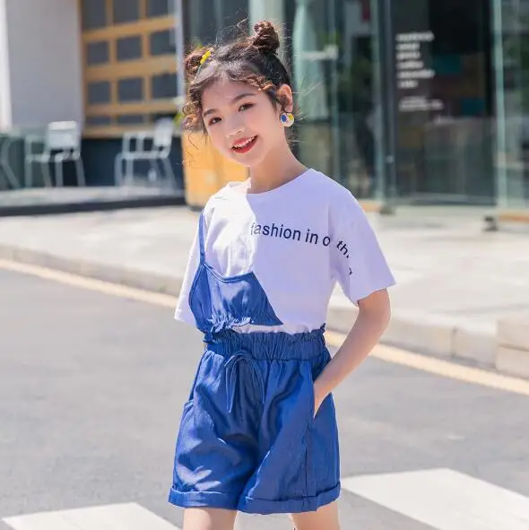 

Cultiseed Girl Jeans Set Clothing 2020 New Fashion Fake 2pc T-Shirt+Shorts 2pc Set Suits Kids Casual Sport Set Big Children Sets