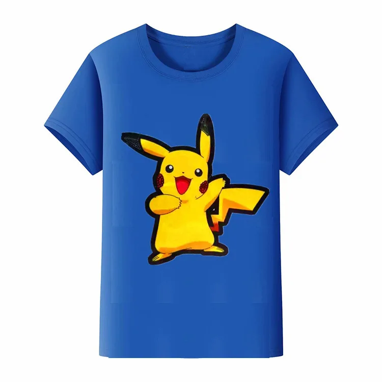Детская футболка из чистого хлопка с круглым вырезом и яркими огнями Пикачу для