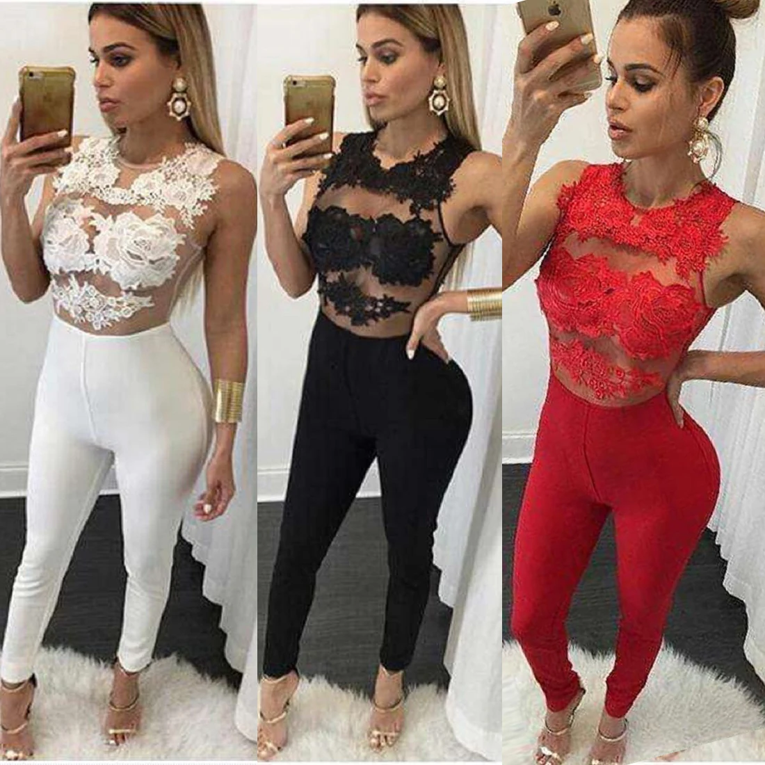 Женский сексуальный летний кружевной комбинезон 2020 с вырезами Облегающий