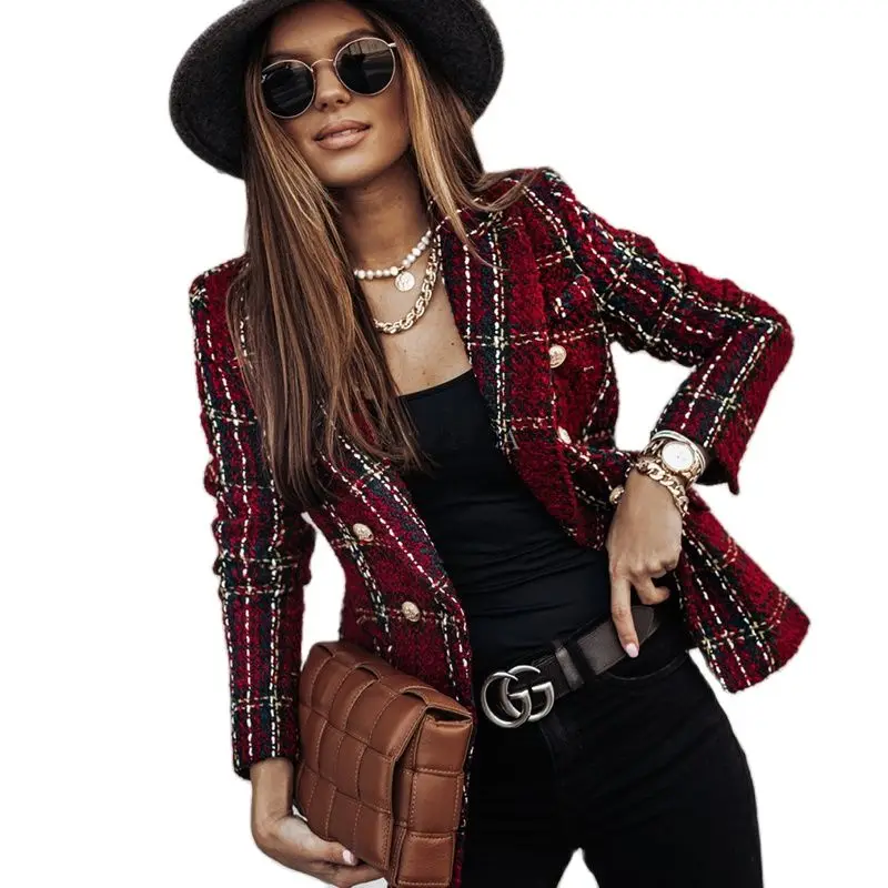 

Casual Suit Jacket Women 's 2021 Spring and Autumn Lapel Long Sleeve Plaid Button Fashion Jacket