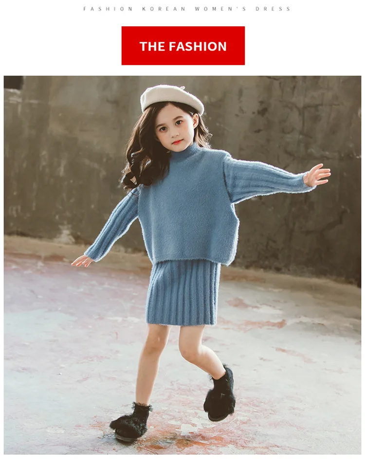Girls Clothing set Winter Faux-wool Thick Warm Knitted Vest Dress Suit Children Costume Kids Tracksuit 8 10 Years Girls Clothes