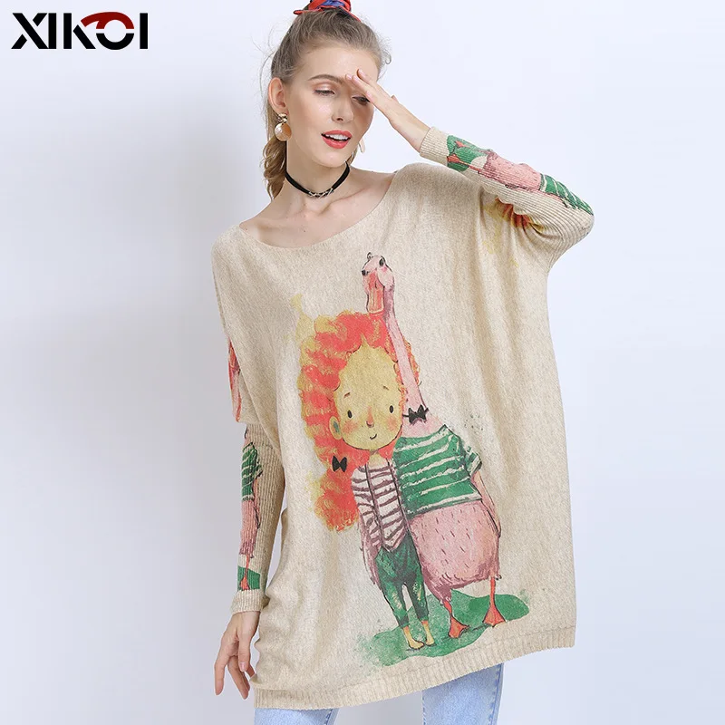 

Осень, с рисунком из мультфильма, свитер для женщин свободный пуловер вязаный длинный красивый джемпер с модным принтом Pull Femme; Одежда для де...