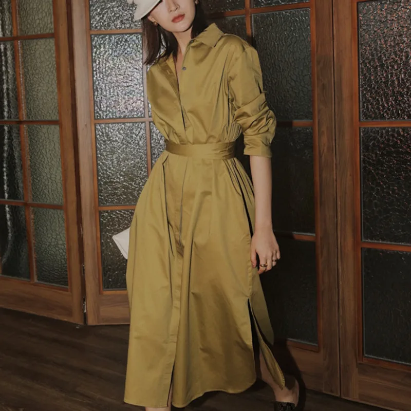 

New Women Lapel Solid Color Dress Female Adjustable Waist Single Breasted Long Sleeve Dresses 2022 Spring Autumn N410