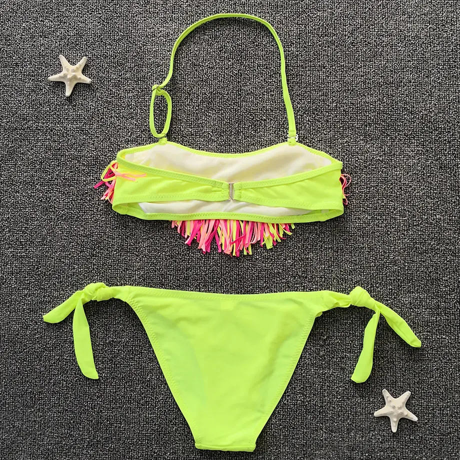 2019 Teenage Girl Bikini Kids Tassel Fringe Swimsuit Split Two Piece Children Swimwear Big Swimming Beach Bathing Suit | Спорт и