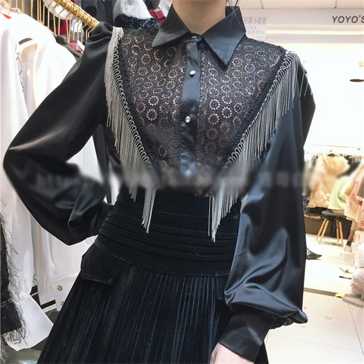Ladies Fashion Shirt Lace Patchwork Tassel Chain Lantern Sleeve Top Vintage Design Single-Breasted Turn-Down Collar Women | Женская