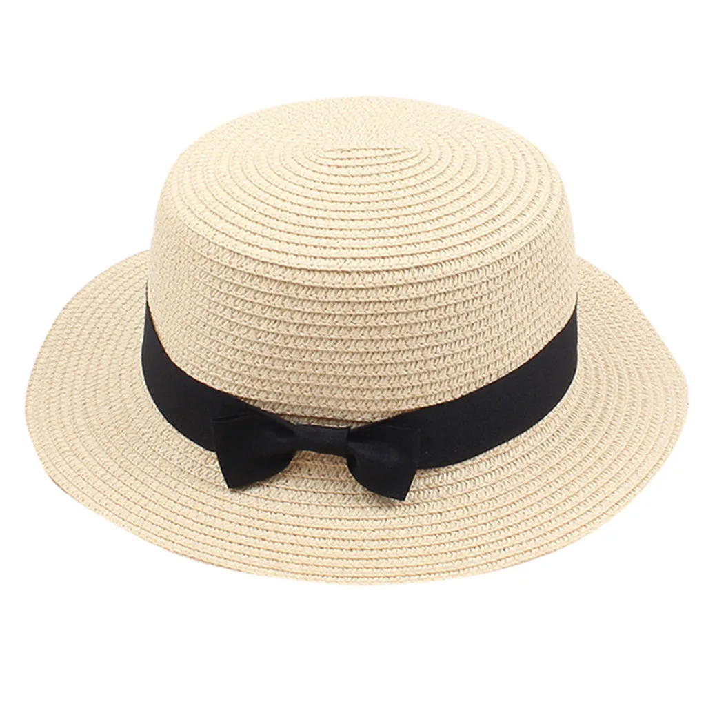New Women Summer Sun Hat Beach Raffia Straw Female Black Bow Ribbon Cap Temperament Flat Hats Outdoor Caps 2020 | Аксессуары для