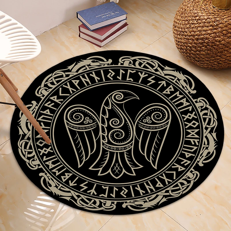 Круглый ковер FYMX в стиле ретро с рисунком животных нескользящий черной серии для