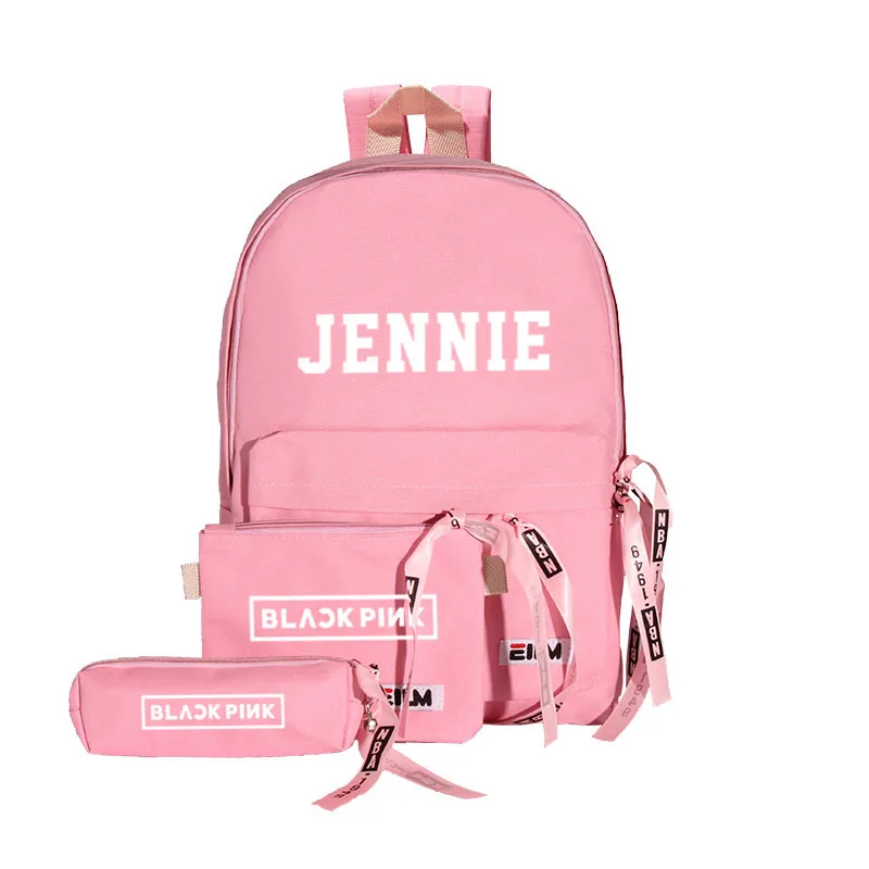 Модный черный рюкзак Kpop, 3 шт./компл., женский холщовый рюкзак, Jennie Jisoo, школьные сумки для девочек-подростков, черный, розовый