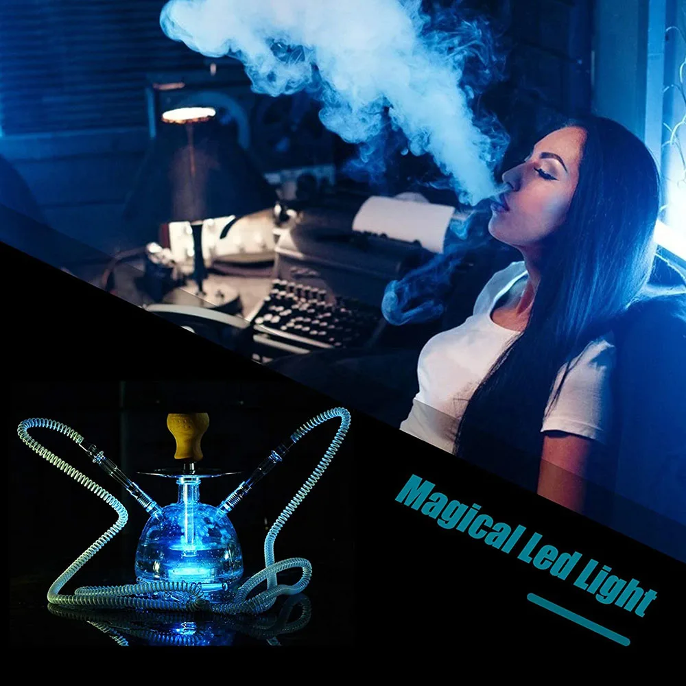 2 Шланг современные акриловые кальян комплект Портативный с LED светильник
