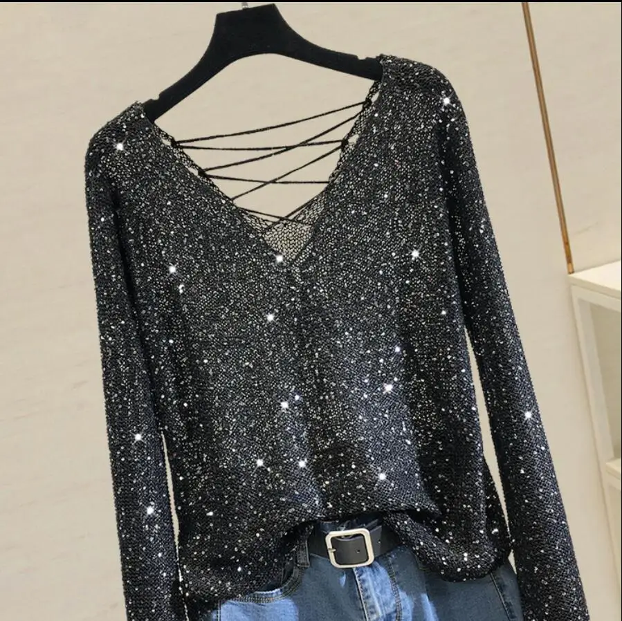 2019 Korean New Spring and Autumn Sequined Flare Sleeve V-neck Thin Sweater Sexy Backless Knit Blouse Pullover Tops | Женская одежда
