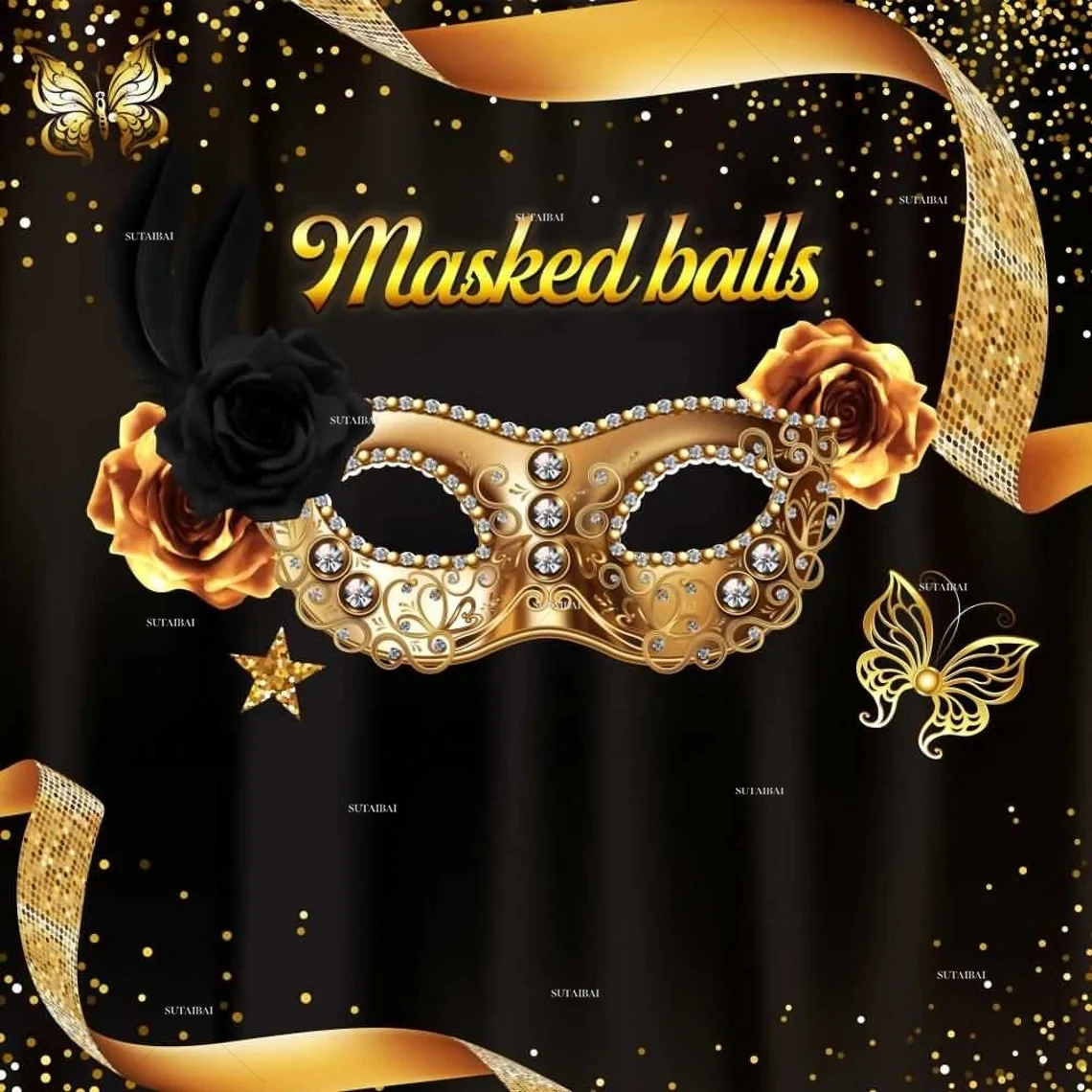 

Mardi Gras Party Masquerade Ball Backdrop Fiesta Golden Mask Feather Prom Shiny Black Glitter Bokeh Decor Photozone Background
