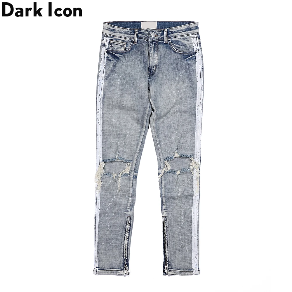 

Темно-Синие рваные джинсы в полоску с рисунком из фольги, мужские джинсы с молнией на лодыжке, уличные джинсовые штаны