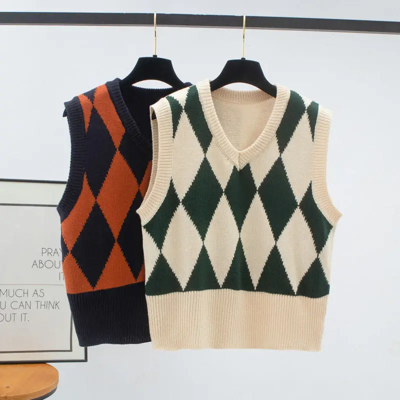 

Argyle Sweater Vest Casual Knitting Thick Pullover V-necked Spring Autumn Sleeveless Jumper Knitting OL Lady