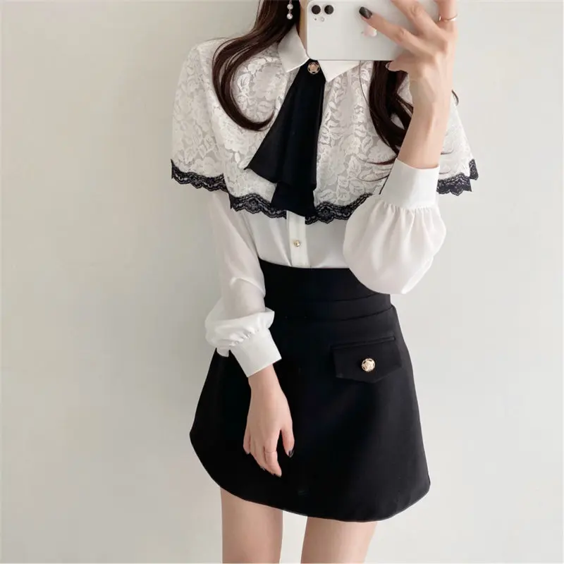 

Alien Kitty Ruffles Full Sleeves Hook Flowers 2021 White Sweet Patchwork Lace Brief Shirts Stylish Women Blouses All Match Tops